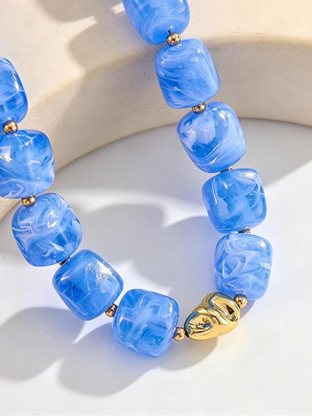 Blue Agate Periwinkle Beaded Necklace|     Bold Summer Beaded Choker - Picture 2 of 4